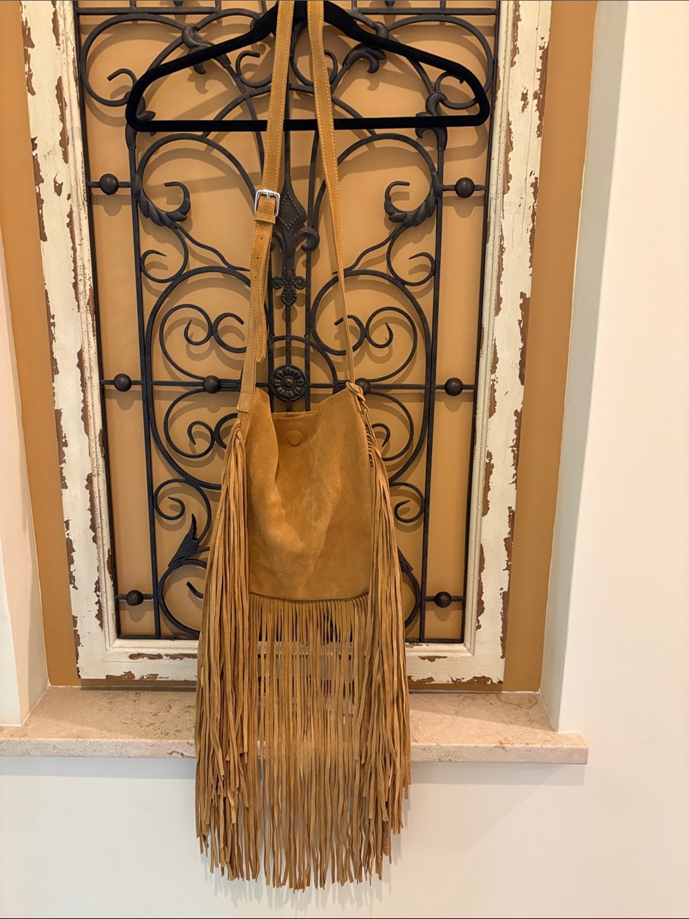 Linea Pelle Tan Suede Fringe Crossbody Bag